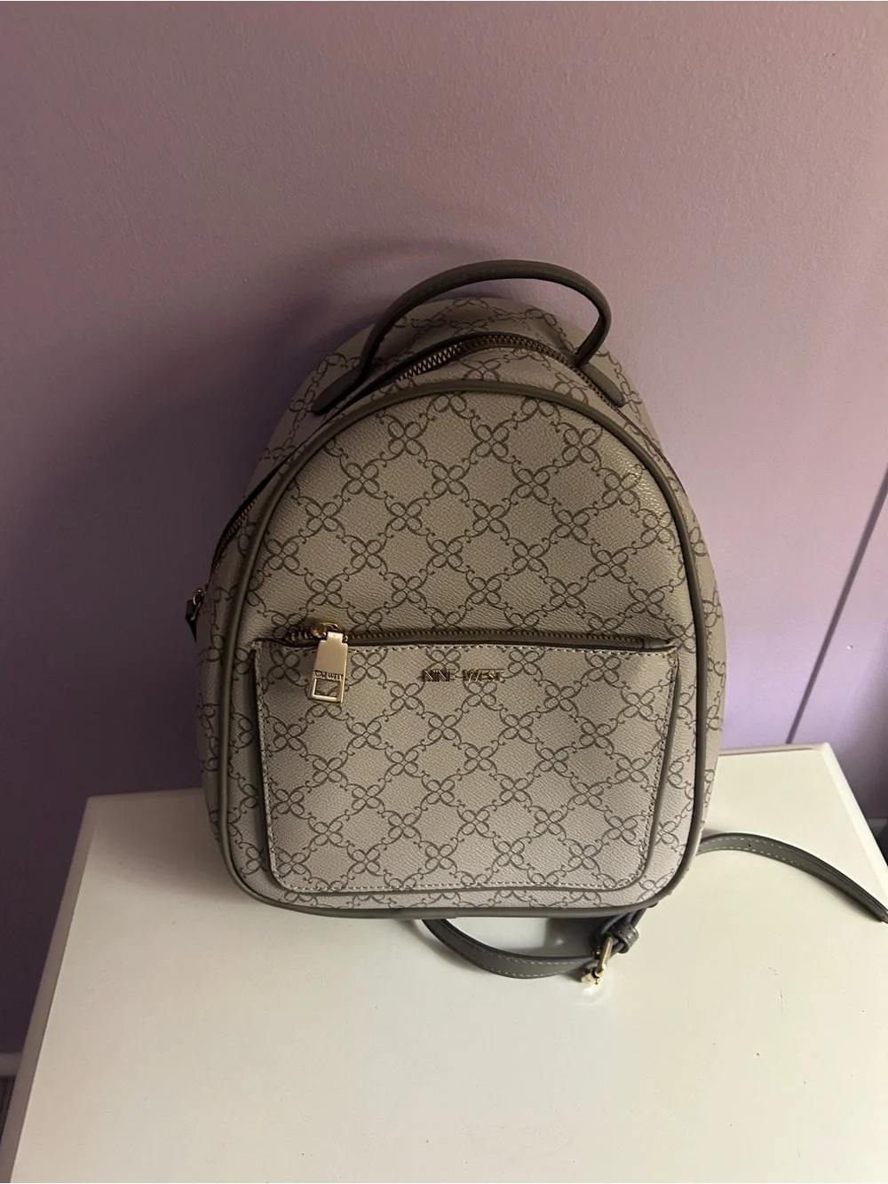 Nine West Gray Monogram Mini Backpack with Gold Hardware